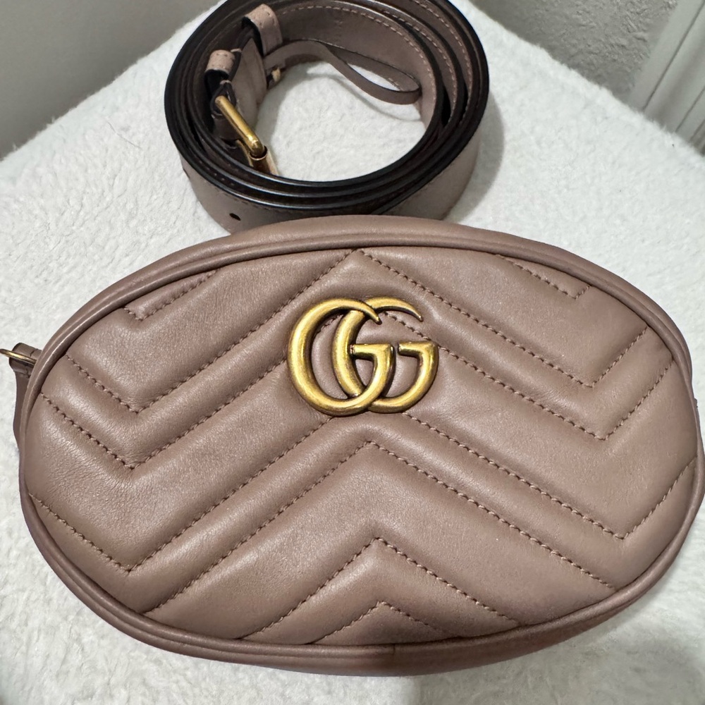 Gucci Marmont Brown Quilted Leather Belt Bag with Iconic GG Logo